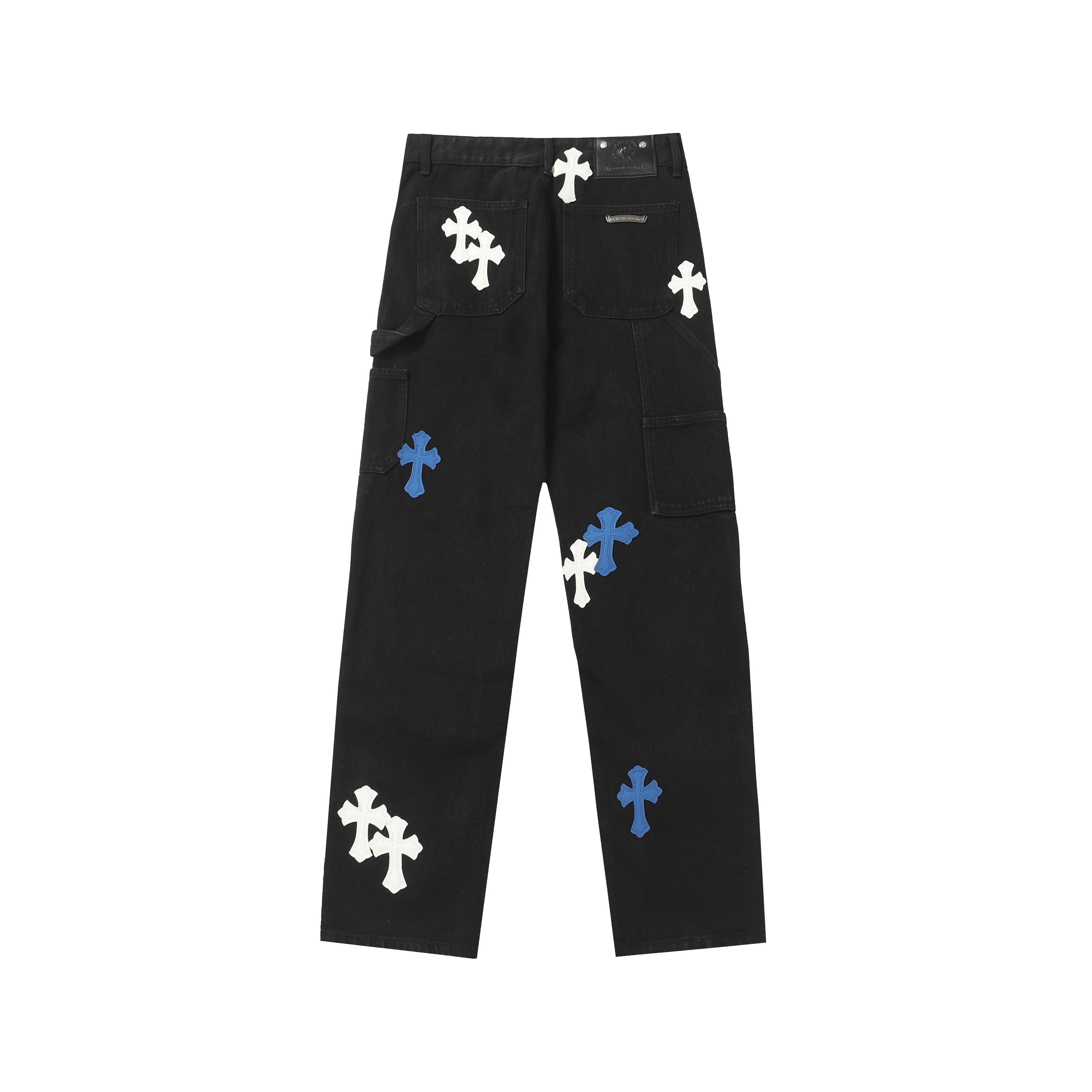 Chrome Hearts White & Blue Leather Cross Patches Jeans