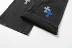 Chrome Hearts Grey & Blue Leather Cross Patches Jeans