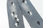 Chrome Hearts White & black Leather Cross Patches Jeans