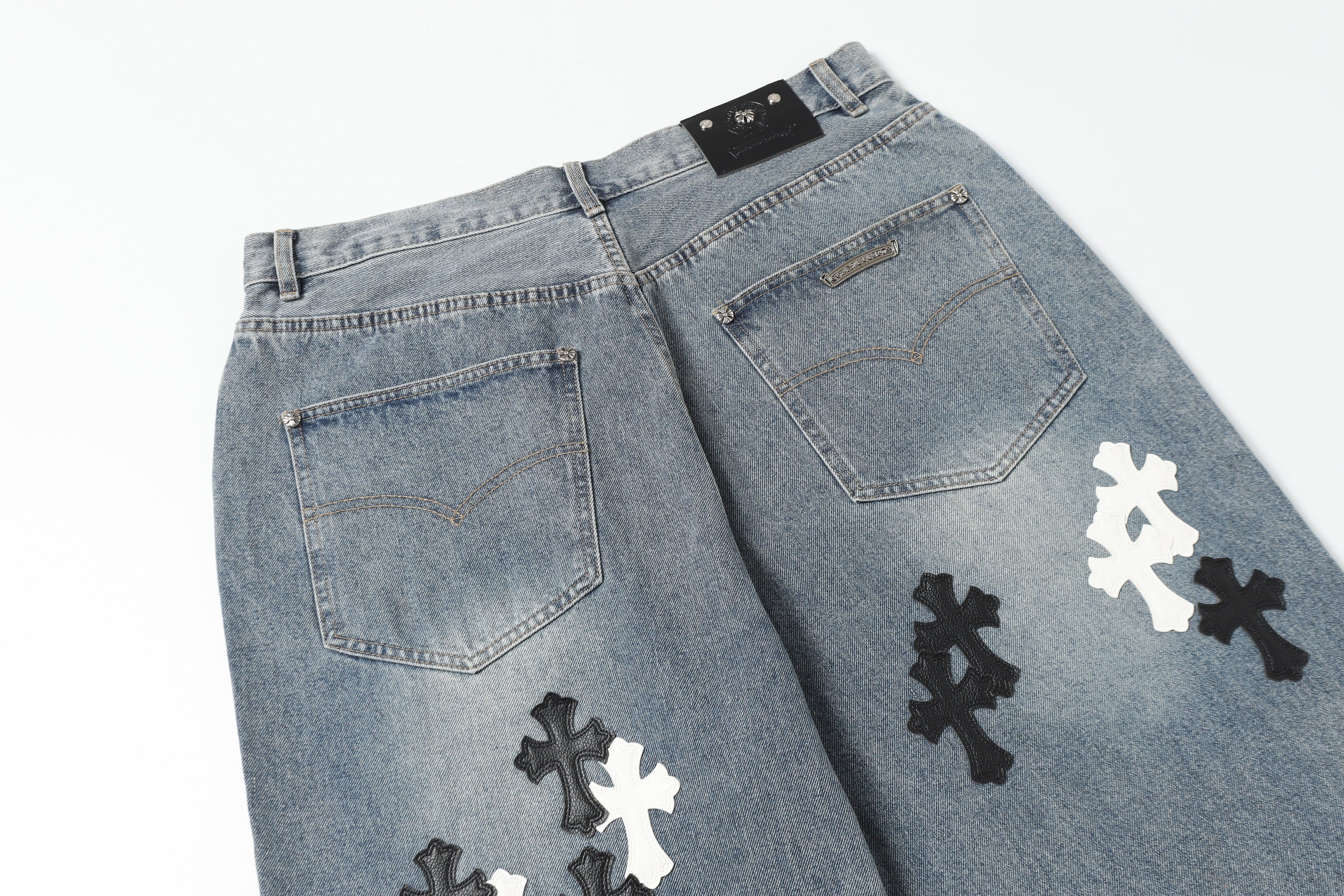 Chrome Hearts White & black Leather Cross Patches Jeans