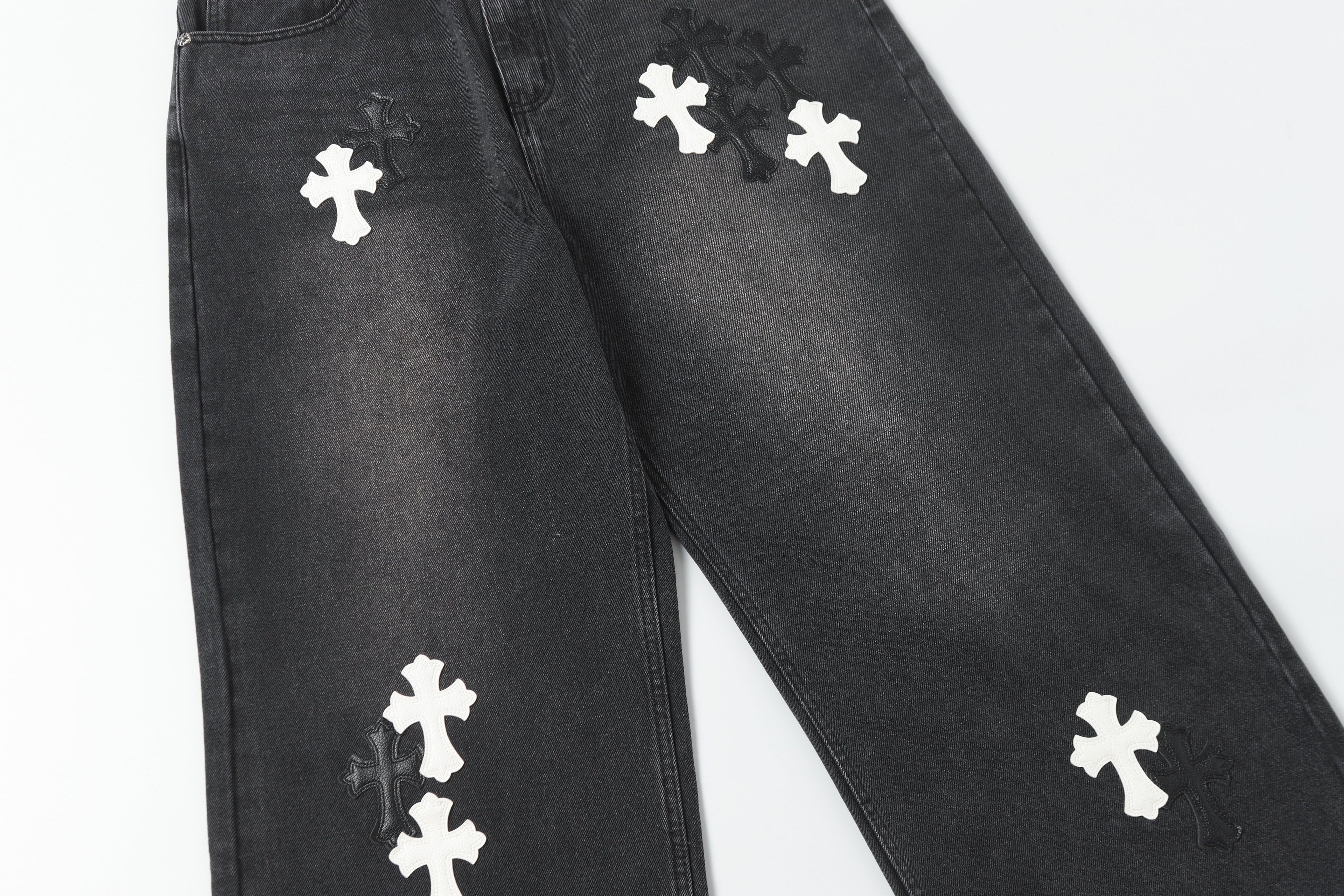 Chrome Hearts White & Black Leather Cross Patches Jeans