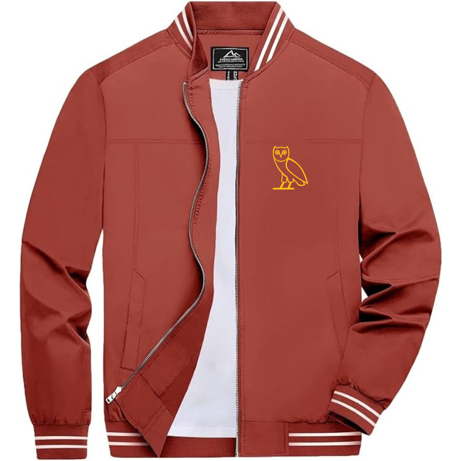 Men's OVO Owl Lightweight Zip-Up Bomber Jacket with Ribbed Collar and Cuffs - Versatile Casual Outerwear