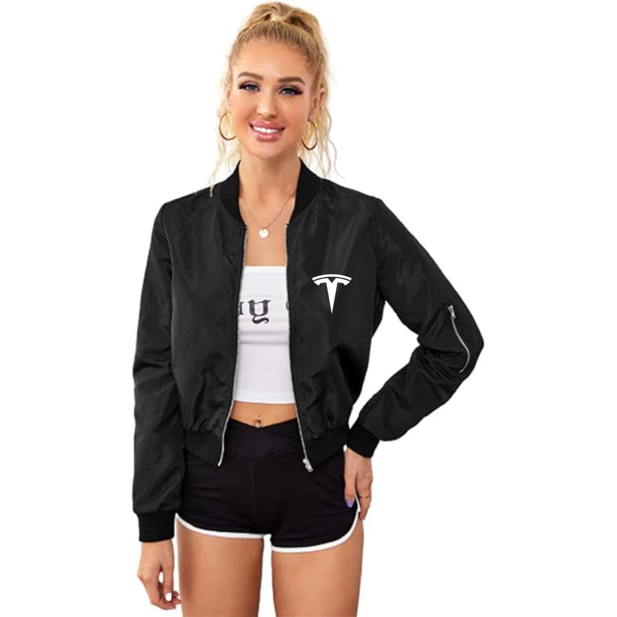 Women's Tesla Lightweight Bomber Biker Jacket Zip up Windbreaker Crop Bomber Jacket Coat