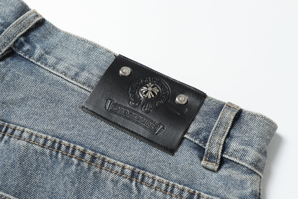 Chrome Hearts White & black Leather Cross Patches Jeans