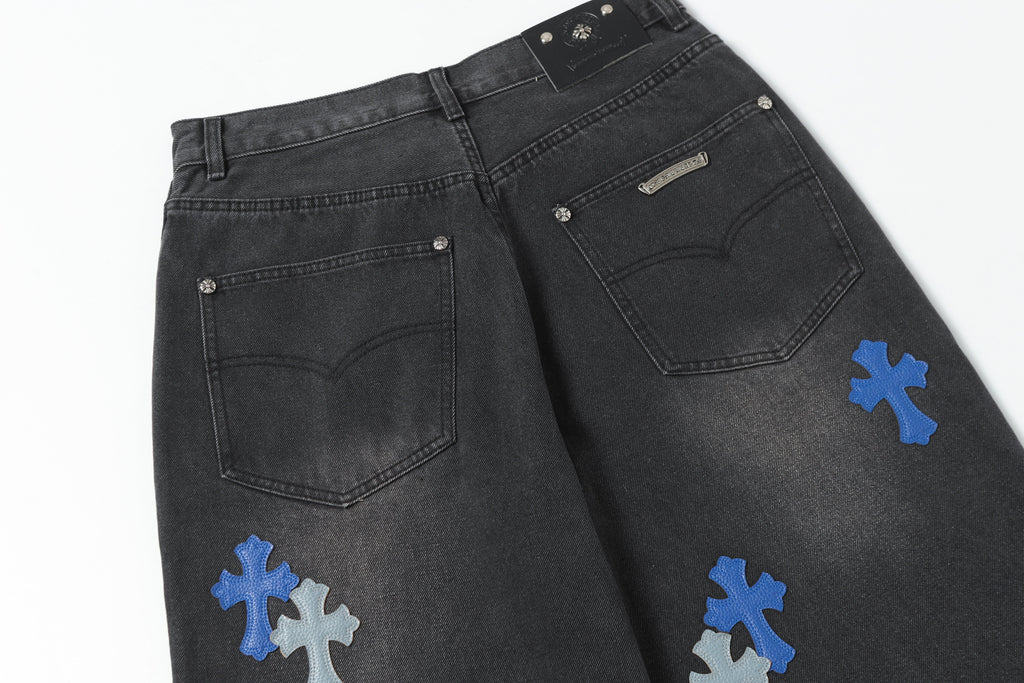 Chrome Hearts Grey & Blue Leather Cross Patches Jeans